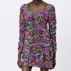 NWOT Zara Floral Ruched Minidress Sweetheart Neck size Extra Small